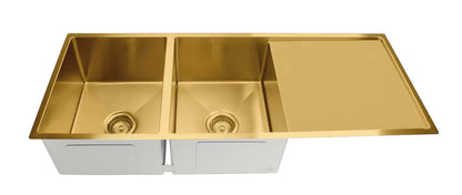1160mm Stainless Steel Kitchen Sink with Drainer - Double Bowl - Brushed Gold