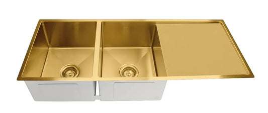 1160mm Stainless Steel Kitchen Sink with Drainer - Double Bowl - Brushed Gold