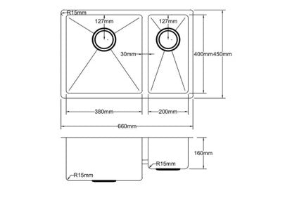 660mm Stainless Steel Kitchen Sink - Double Bowl - Brushed Nickel