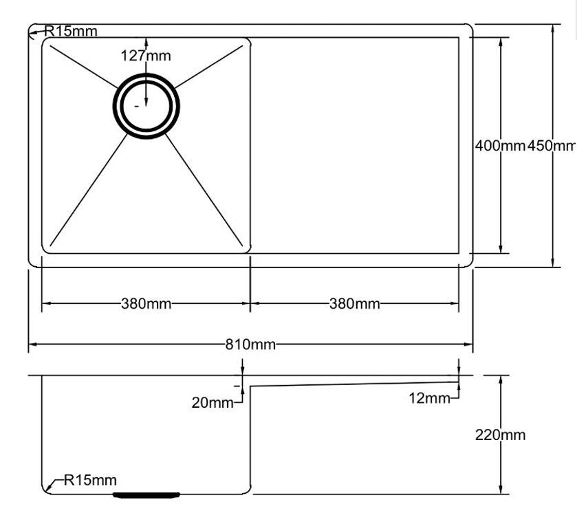 810mm Stainless Steel Kitchen Sink with Drainer - Single Bowl - Brushed Nickel