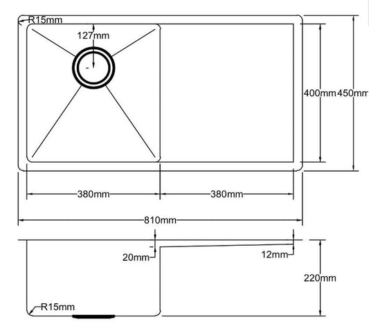 810mm Stainless Steel Kitchen Sink with Drainer - Single Bowl - Brushed Nickel