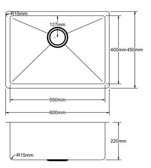 600mm Stainless Steel Kitchen Sink - Single Bowl - Brushed Nickel