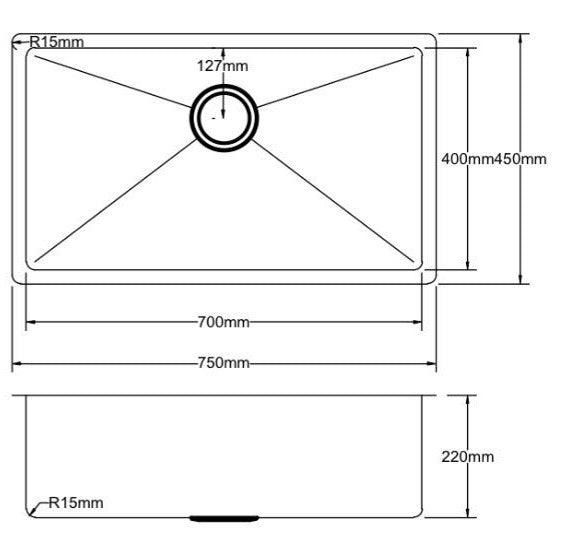 750mm Stainless Steel Kitchen Sink - Single Bowl - Brushed Nickel