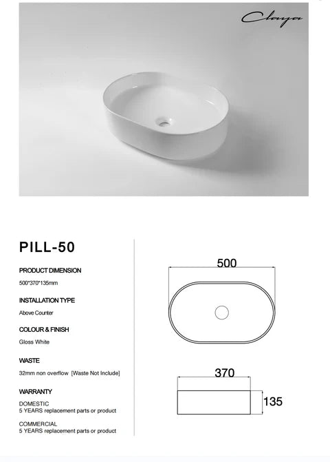 500*370*135mm Gloss White Above Counter Basin