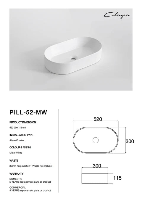520*300*120mm Matte White Above Counter Basin