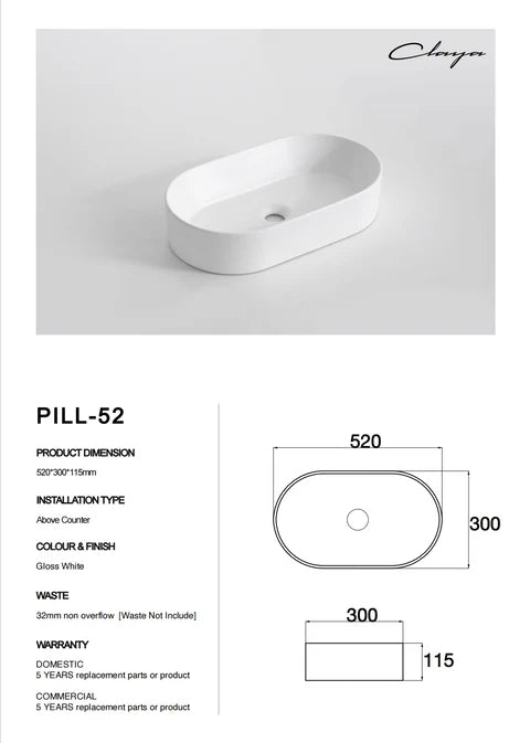 520*300*120mm Gloss White Above Counter Basin