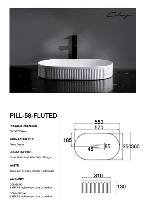 580*360*100mm Gloss White with Fluted Design Above Counter Basin
