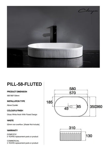 580*360*100mm Gloss White with Fluted Design Above Counter Basin