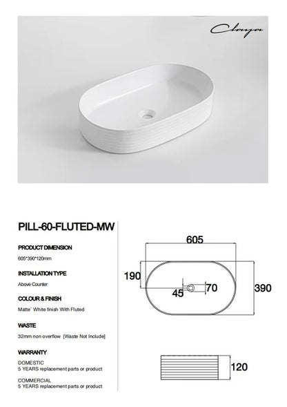 600*380*125mm Matte White with Fluted Design Above Counter Basin