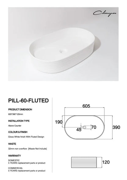 600*380*125mm Gloss White with Fluted Design Above Counter Basin