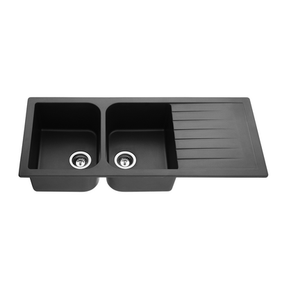1160mm Quartz Top-Mount Kitchen Sink - Double Bowl with Drainer - Matte Black
