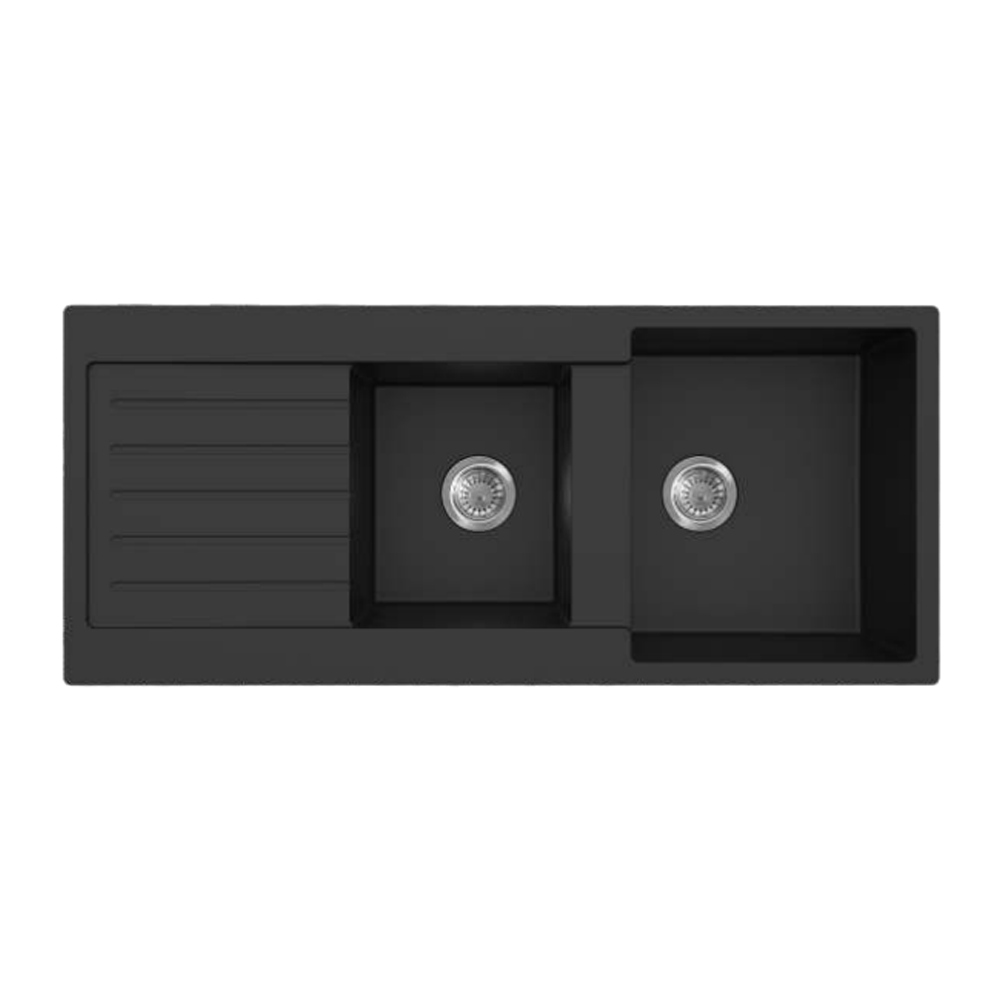 1160mm Quartz Top-Mount Kitchen Sink - Double Bowl with Drainer - Matte Black