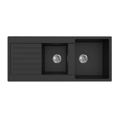 1160mm Quartz Top-Mount Kitchen Sink - Double Bowl with Drainer - Matte Black