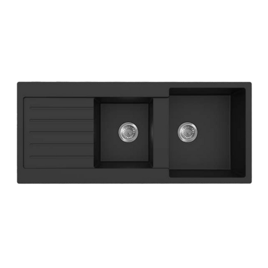 1160mm Quartz Top-Mount Kitchen Sink - Double Bowl with Drainer - Matte Black