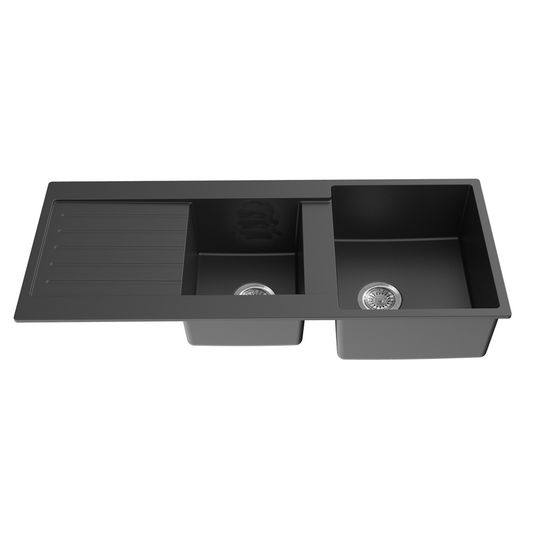 1160mm Quartz Top-Mount Kitchen Sink - Double Bowl with Drainer - Matte Black