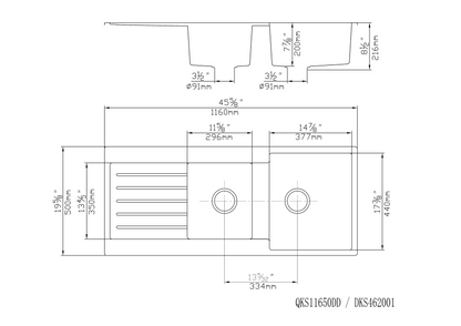 1160mm Quartz Top-Mount Kitchen Sink - Double Bowl with Drainer - Matte Black