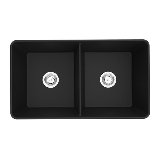 838mm Quartz Farmhouse Kitchen Sink - Double Bowl - Matte Black