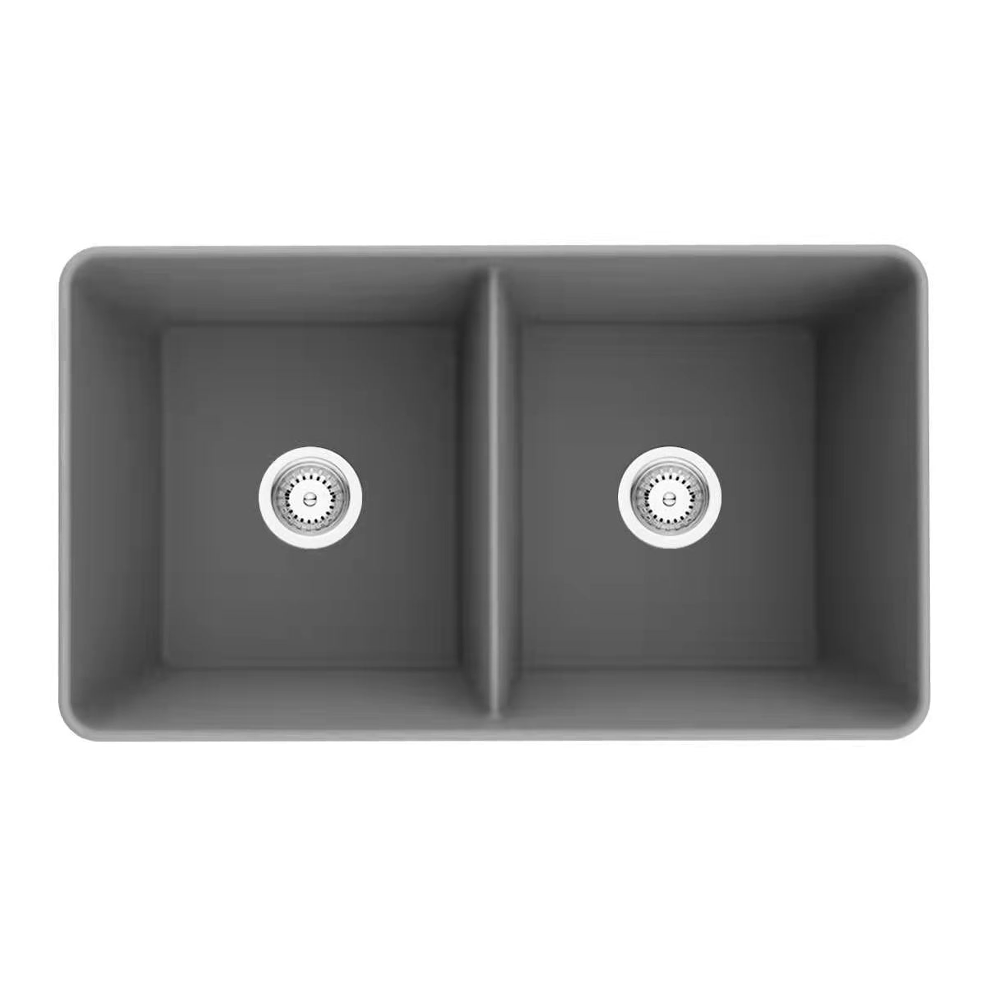 838mm Quartz Farmhouse Kitchen Sink - Double Bowl - Matte Grey