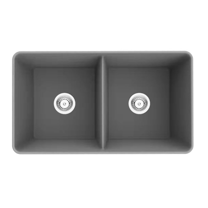 838mm Quartz Farmhouse Kitchen Sink - Double Bowl - Matte White