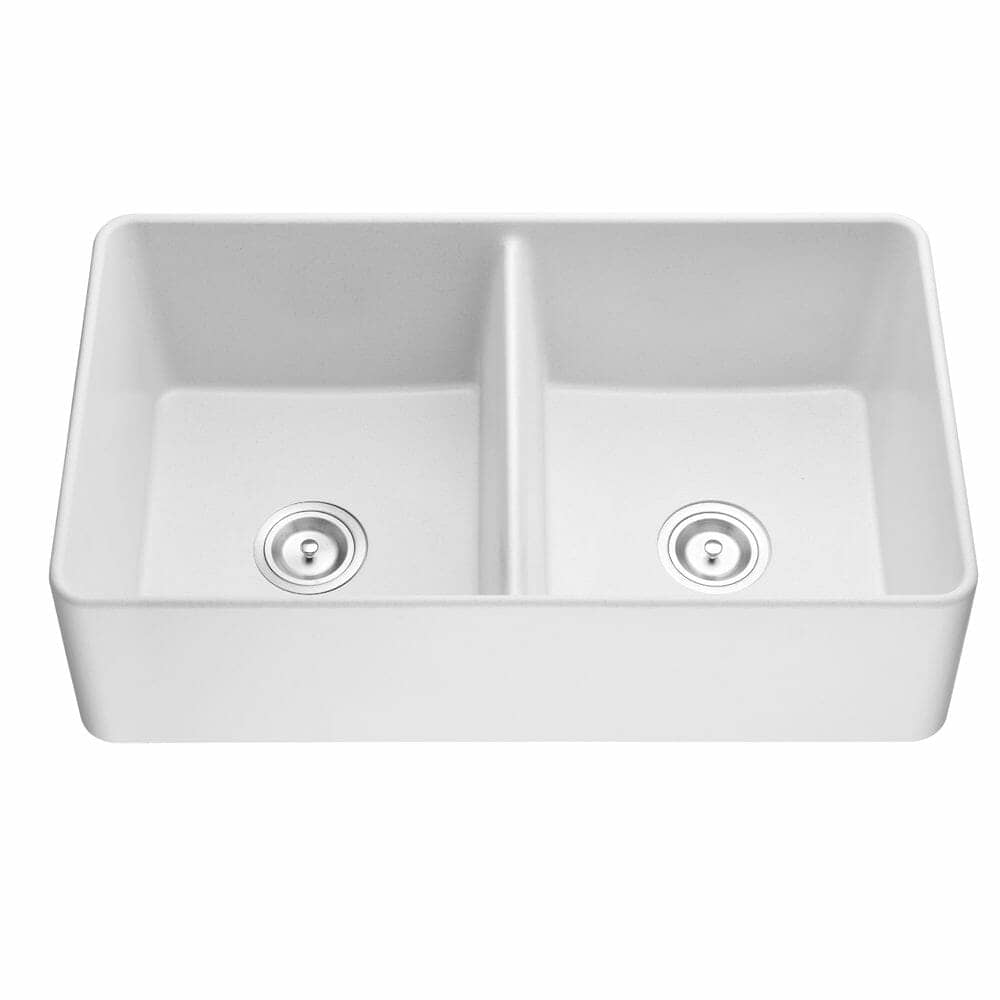 838mm Quartz Farmhouse Kitchen Sink - Double Bowl - Matte White