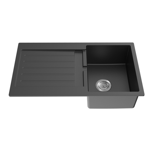 860mm Quartz Top-Mount Kitchen Sink - Single Bowl with Drainer - Matte Black