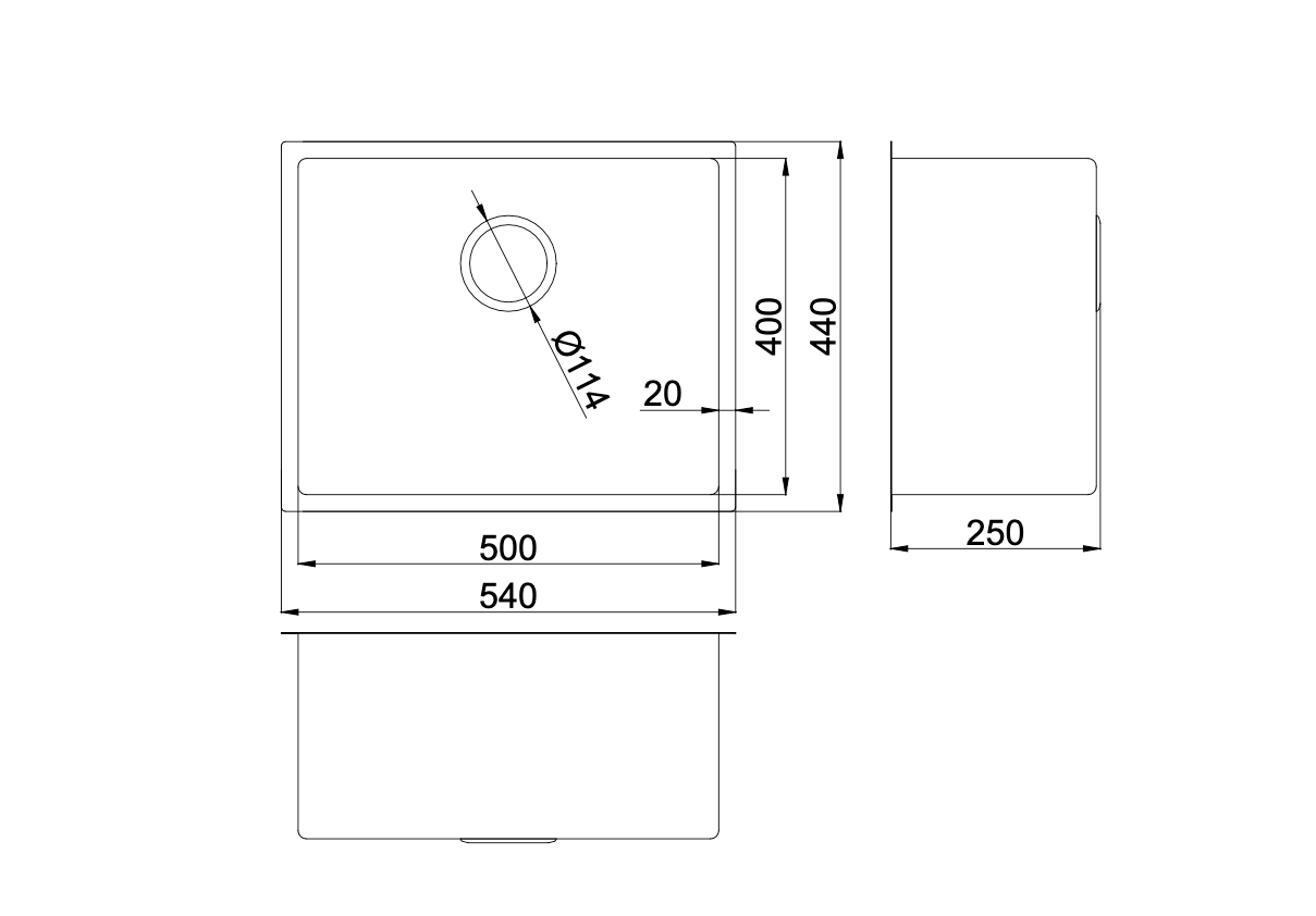 Quadra 540mm Single Bowl Sink - Brushed Stainless
