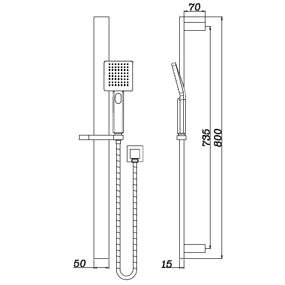 Shower Head on Rail Square WIDE - BLACK