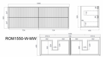 1500mm Rome Wall Hung Vanity PVC - Cabinet Only - Double Bowl - Matte White