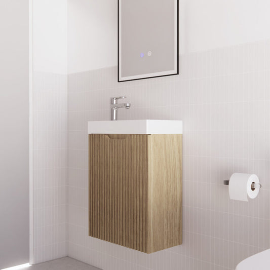 450mm * American oak           * Fluted style          *1 door                      * Wall Hung                      * mini vanity