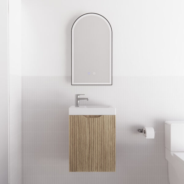 450mm * American oak           * Fluted style          *1 door                      * Wall Hung                      * mini vanity