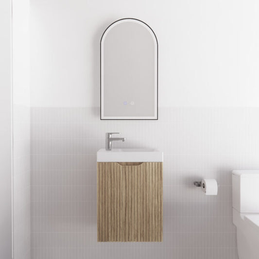 450mm * American oak           * Fluted style          *1 door                      * Wall Hung                      * mini vanity