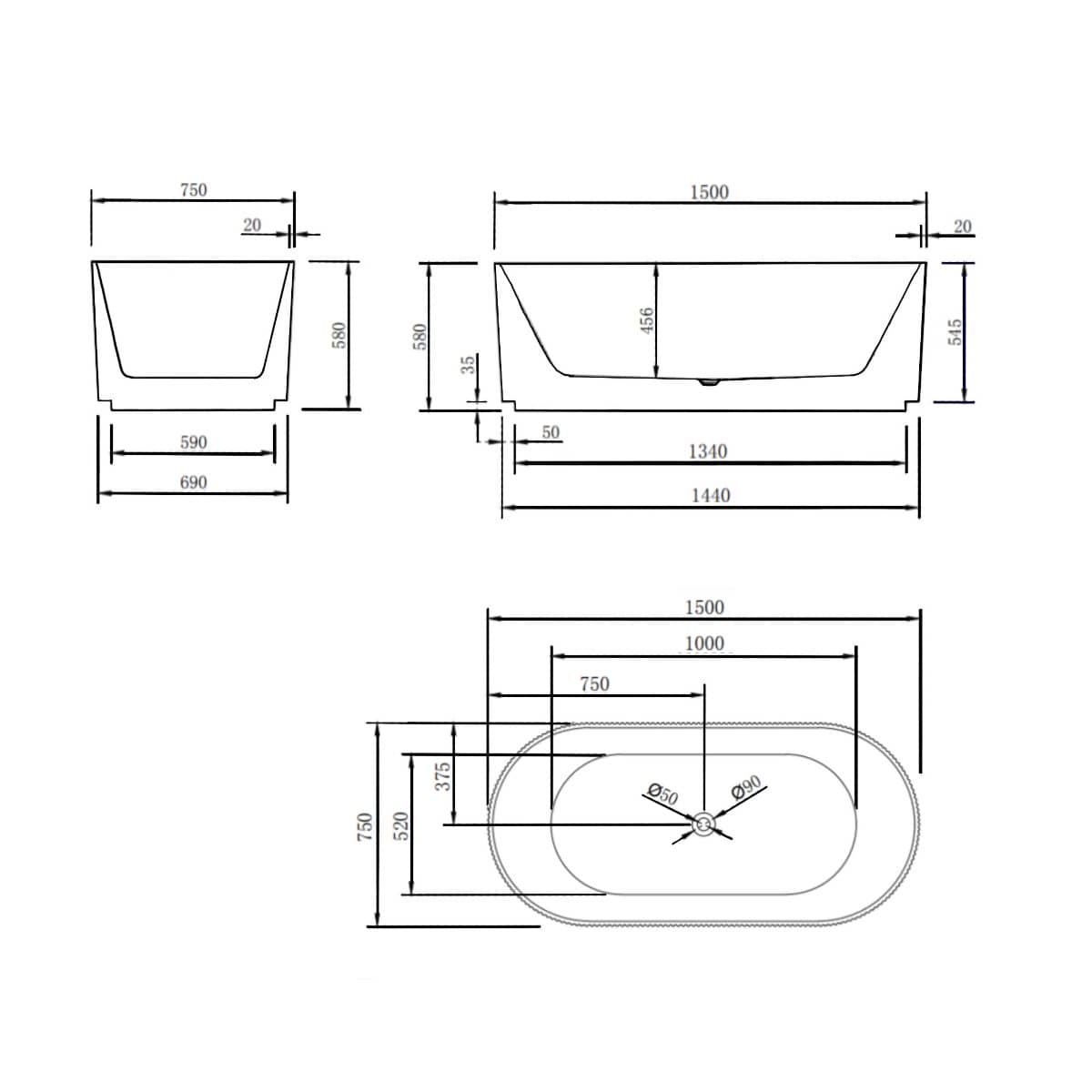 Bari Groove Fluted Oval Freestanding
  Back to Wall Bathtub - Matt White - No Overflow - 1500mm | SB782-1500MW