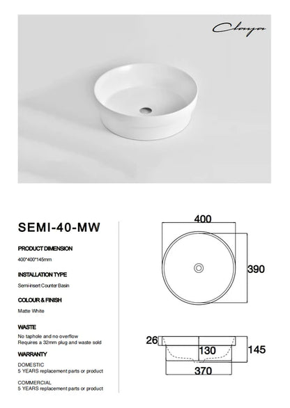 400*400*145mm Matte White Insert Basin