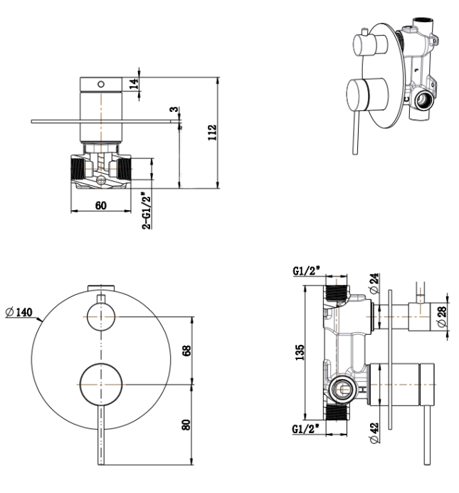 Mica Shower Mixer Diverter - 1P - TRIM KIT - Chrome