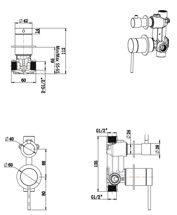 Mica Shower Mixer Diverter - 2P - TRIM KIT - Living Brass