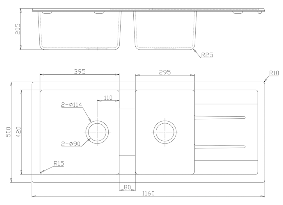 Fomos Sink 1160 x 500mm - Bowl & 3/4 w/Drainer