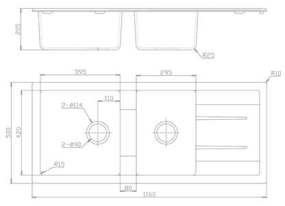 Fomos Sink 1160 x 500mm - Bowl & 3/4 w/Drainer