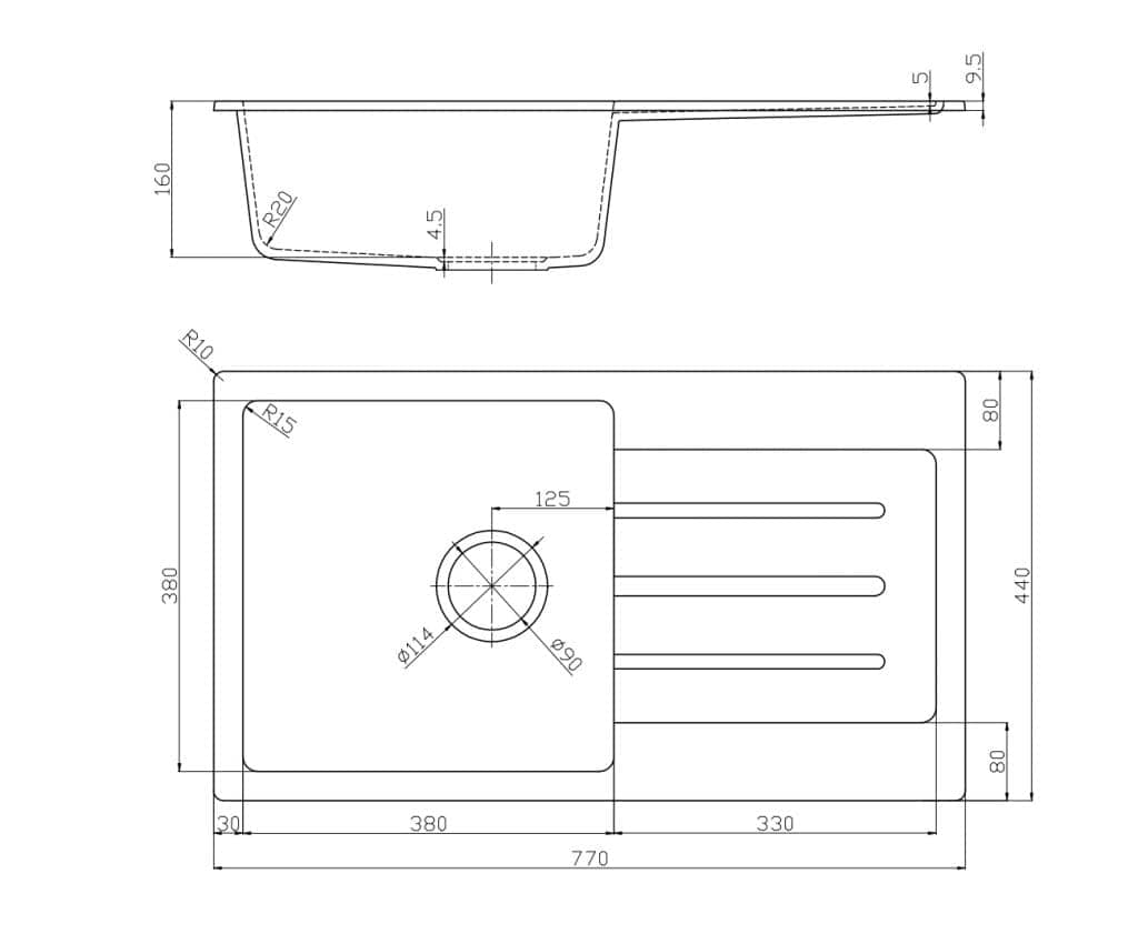 Fomos Sink 770 x 440mm - Single Bowl w/ Drainer - White