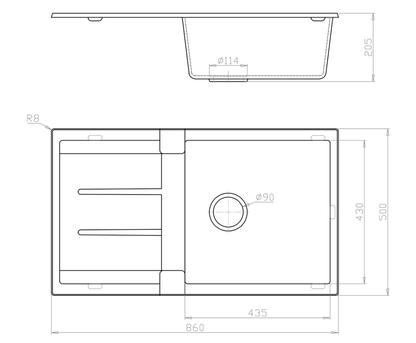 Fomos Sink 860 x 500mm - Single Bowl w/ Drainer - Black