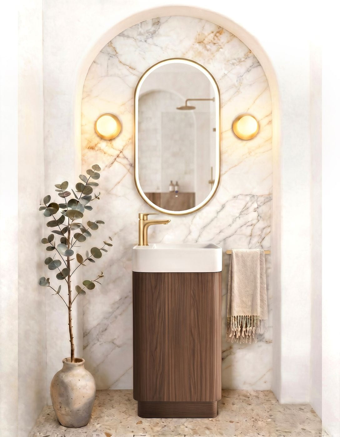 Maxi Space Saver Sable Walnut Fluted Curved Floor Standing Vanity