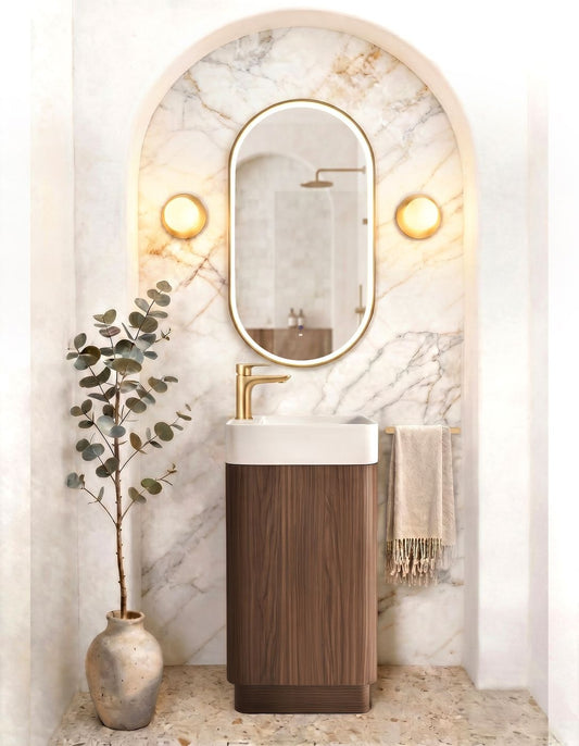 Maxi Space Saver Sable Walnut Fluted Curved Floor Standing Vanity