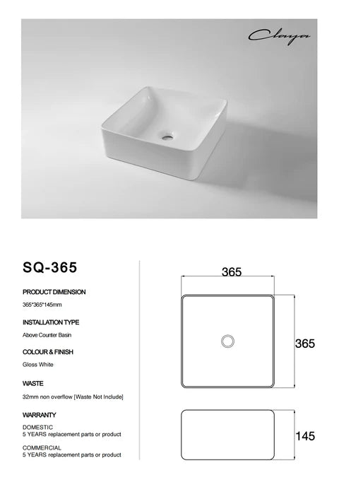 370*370*130mm Gloss White Above Counter Basin