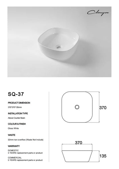 370*370*135mm Gloss White Above Counter Basin