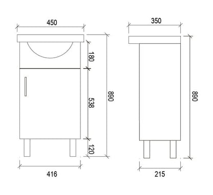450mmx350mm PVC Floor Gloss White Slim Semi Recessed Vanity Ensuite