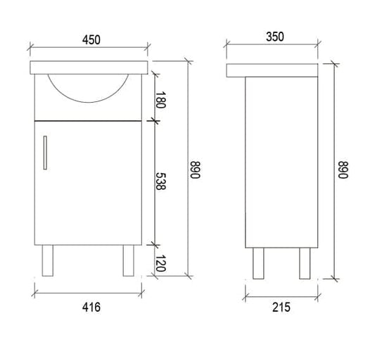 450mmx350mm PVC Floor Gloss White Slim Semi Recessed Vanity Ensuite