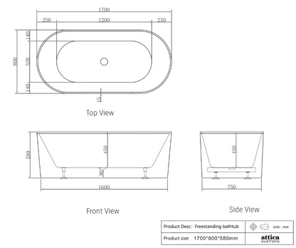 Attica Noosa 1700X800X580 Gloss White Back to Wall Multi-fit Bath with Overflow