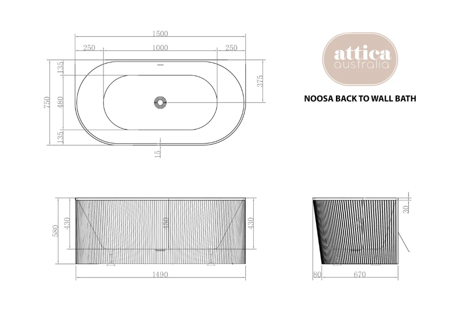Attica Noosa 1700x800x580 Matte White Freestanding Bath with Overflow