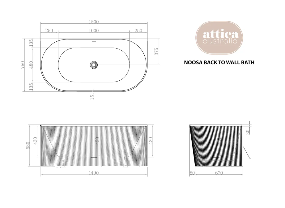 Attica Noosa 1700x800x580 Gloss White Freestanding Bath with Overflow