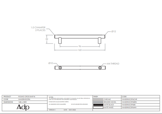 Rnd Cross Bar Handle 96 cc Matte Black