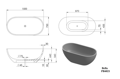 1500mm Pietra Bianca - Bella Freestanding Bathtub